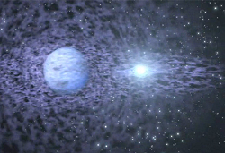 IGR J16318-4848, couple formé d'une étoile super-géante émettant un vent intense sous forme de disque de poussière chauffée, au sein duquel orbite un objet compact, étoile à neutron ou trou noir (crédit ESA / S. Chaty)